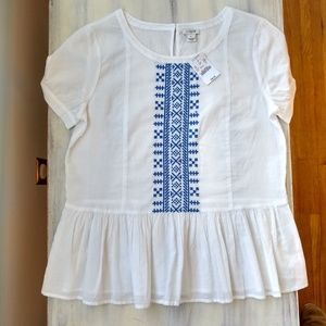 J. Crew Linen Embroidered Peplum Top